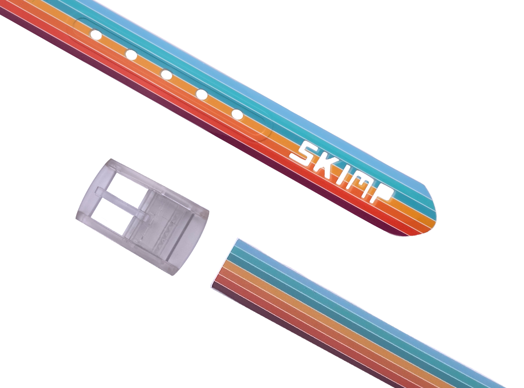 SKIMP Sunset Stripes Belt – metal-free waterproof belt with warm sunset stripe print and SKIMP logo
