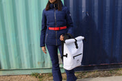 White SKIMP Adventurer backpack worn outdoors
