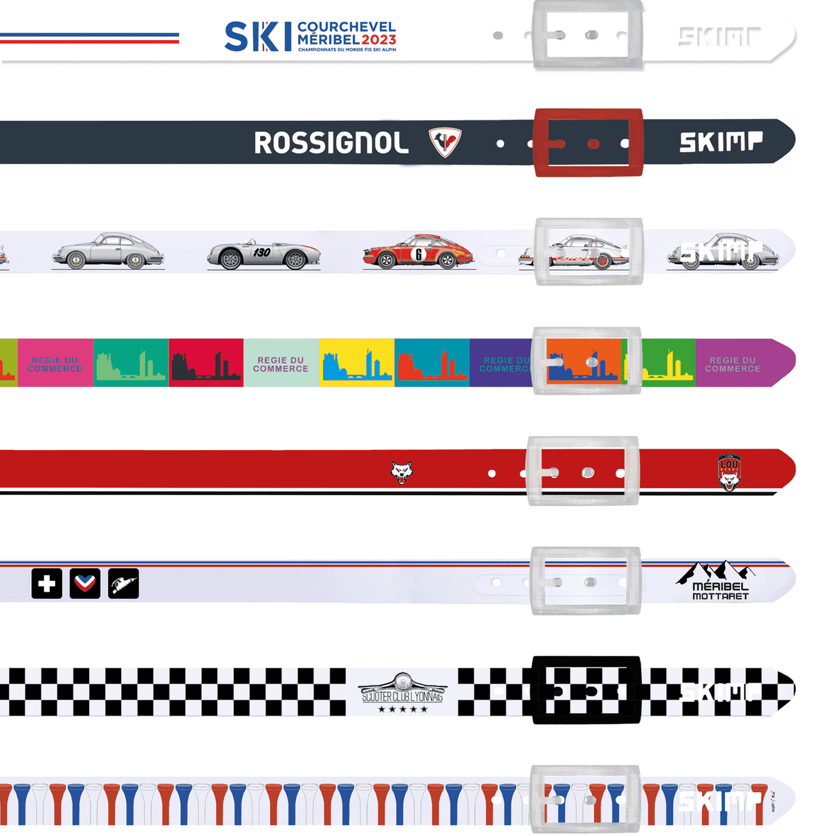 Real custom SKIMP belts designed for brands, ski events and clubs