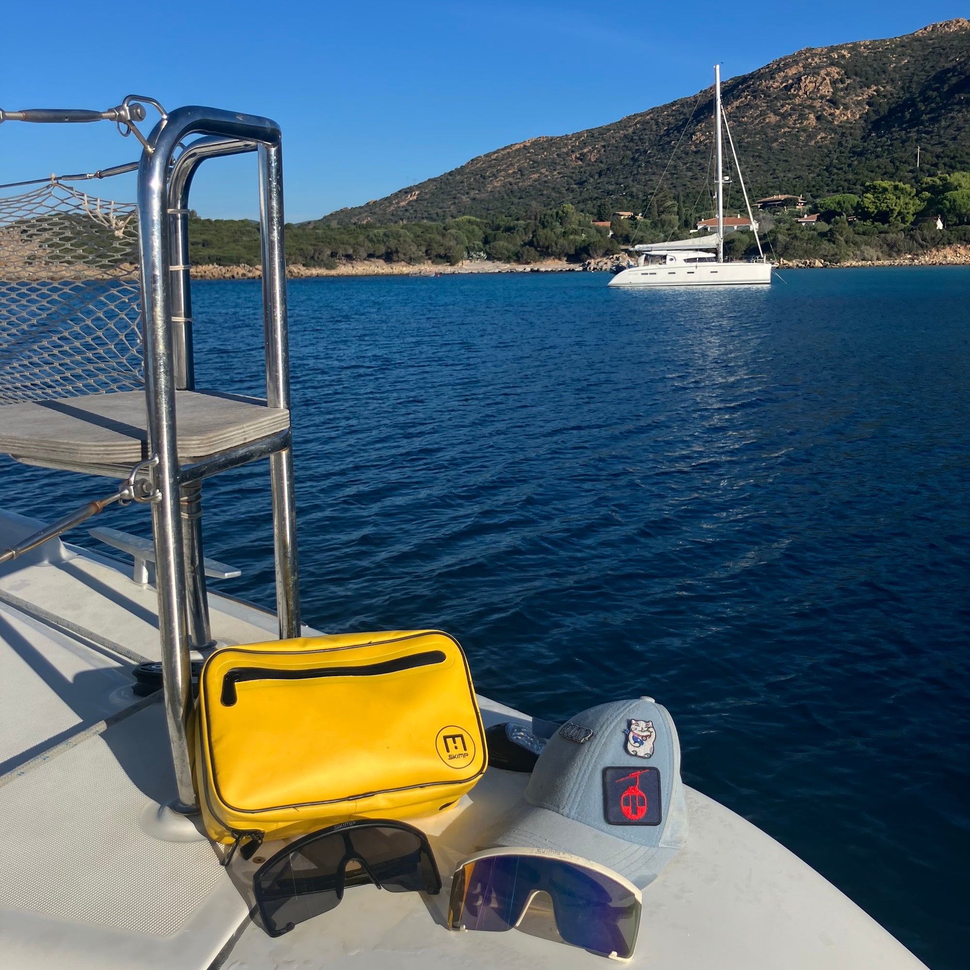 Yellow SKIMP Adventurer backpack on a boat