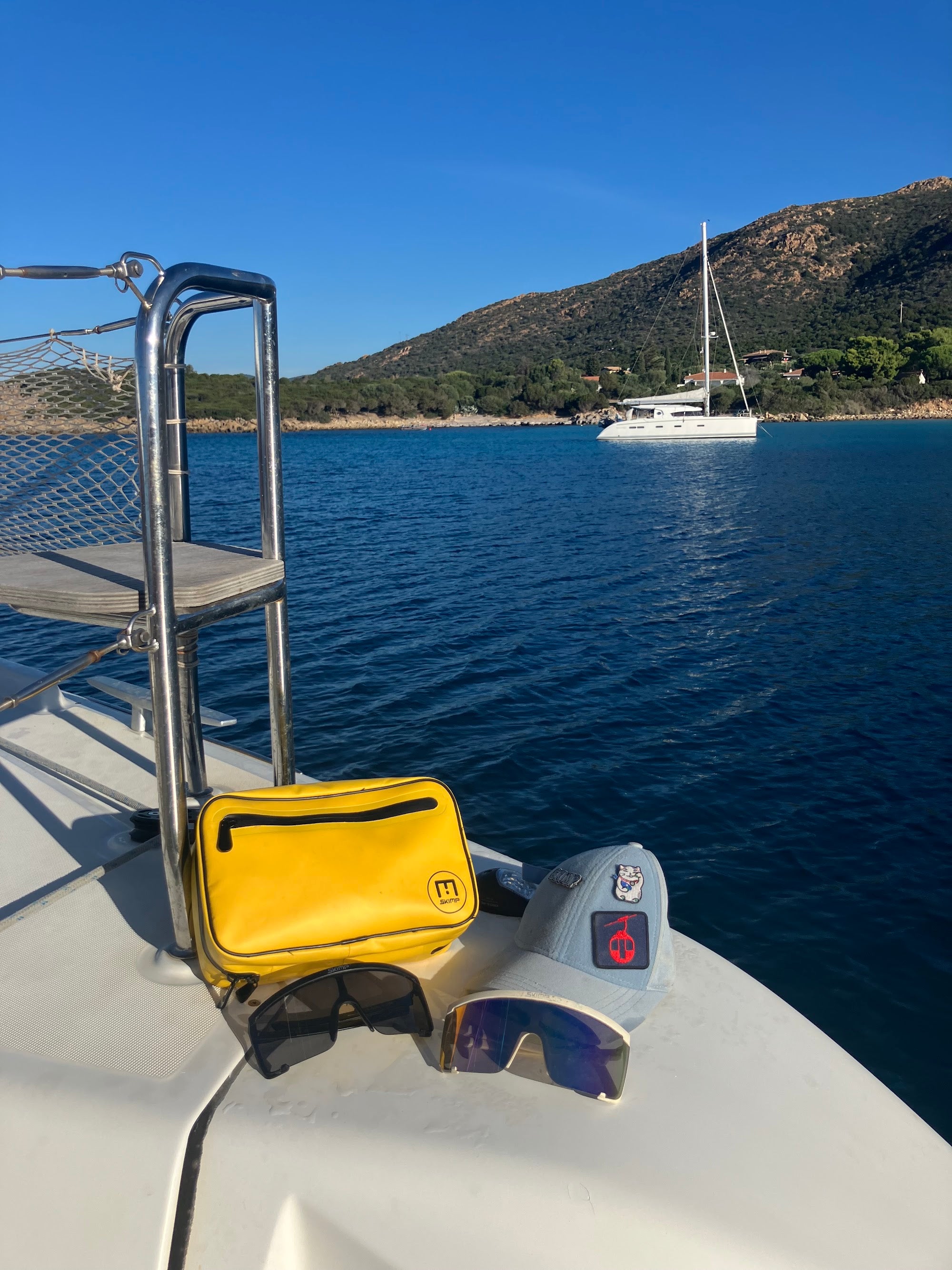 Yellow SKIMP Adventurer backpack on a boat