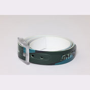 SKIMP Geo Camo Belt – metal-free waterproof belt in dark green, teal and navy geometric camo with clear buckle