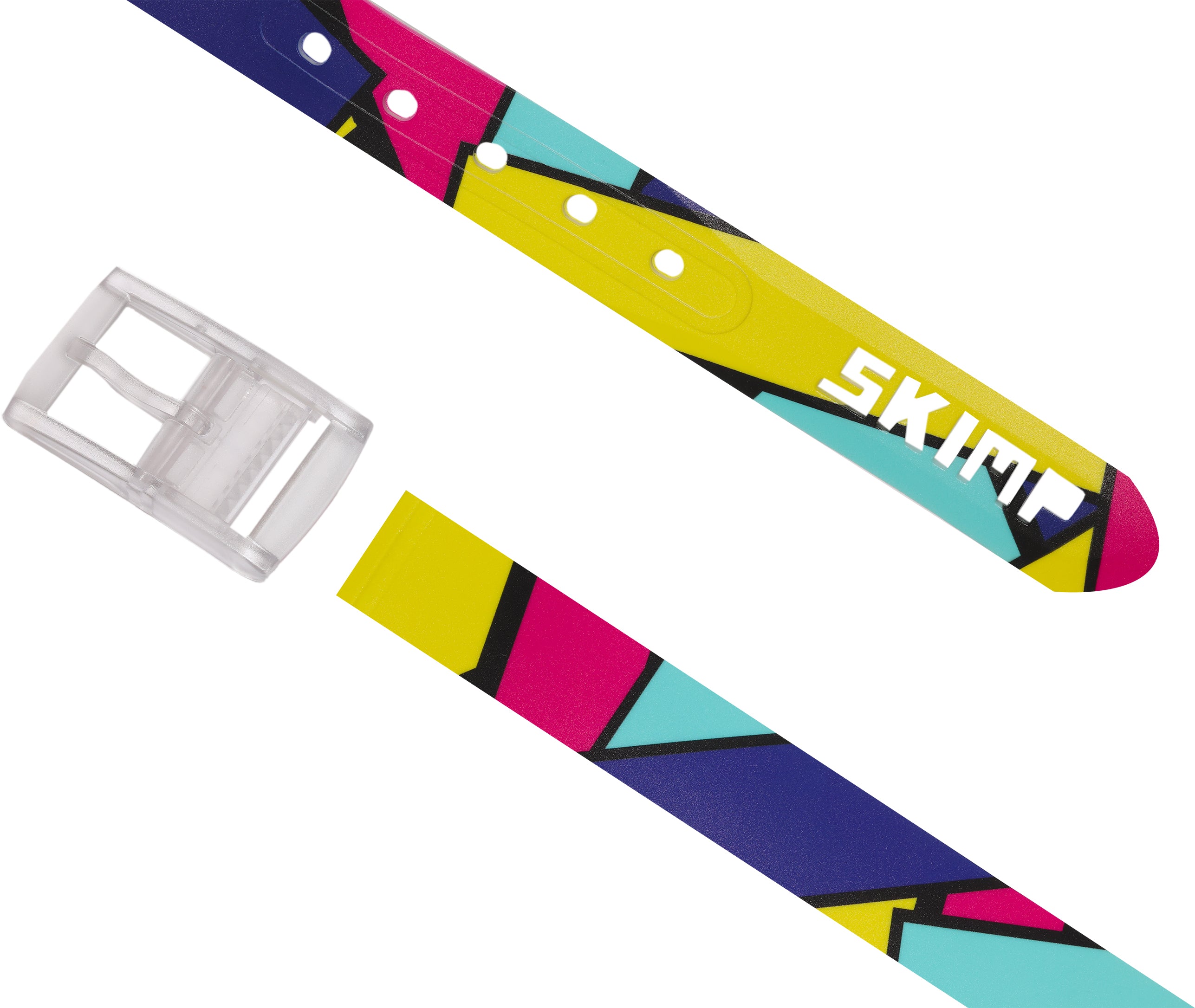 SKIMP Neon Geo Belt laid flat with detachable clear buckle and cut-out SKIMP logo