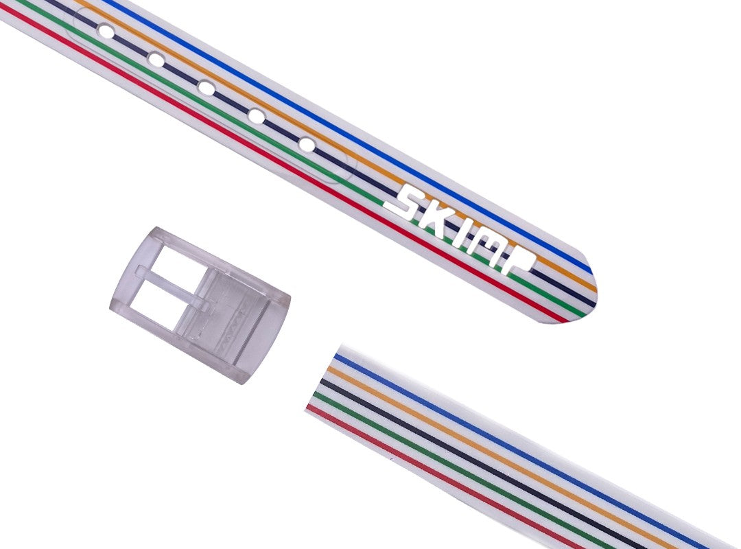 SKIMP Podium Stripes Belt – white metal-free waterproof belt with blue, yellow, black, green and red stripes and clear buckle