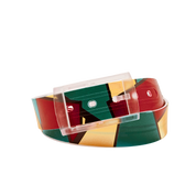 SKIMP Red Geo Belt coiled – red, forest green and cream geometric print with clear metal-free buckle