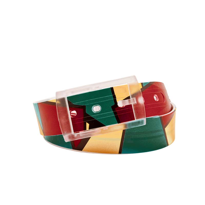 SKIMP Red Geo Belt coiled – red, forest green and cream geometric print with clear metal-free buckle