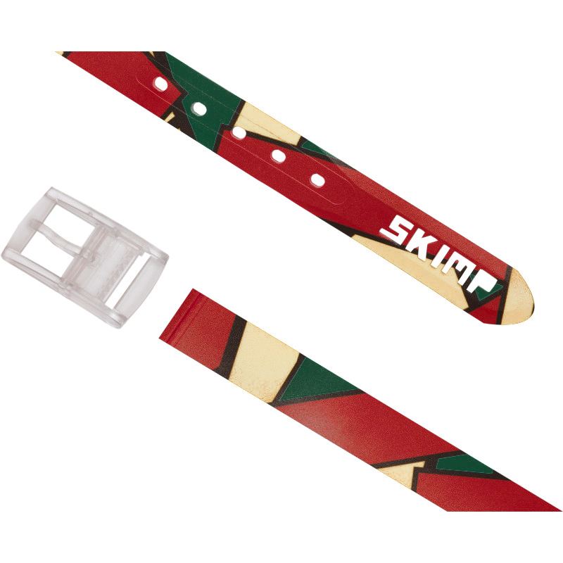 SKIMP Red Geo Belt laid flat with detachable clear buckle and cut-out SKIMP logo