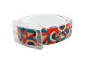 SKIMP Retro Geometric Belt – metal-free waterproof belt with orange, teal, navy and cream retro print and clear buckle