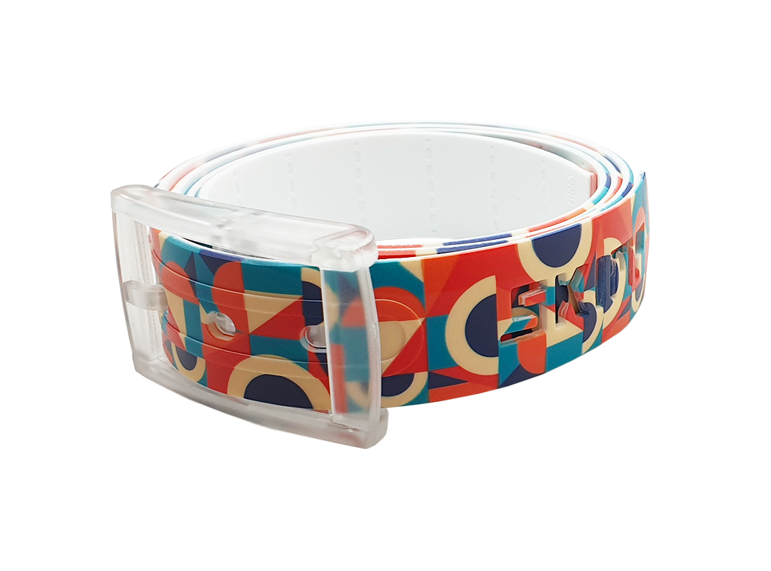 SKIMP Retro Geometric Belt – metal-free waterproof belt with orange, teal, navy and cream retro print and clear buckle