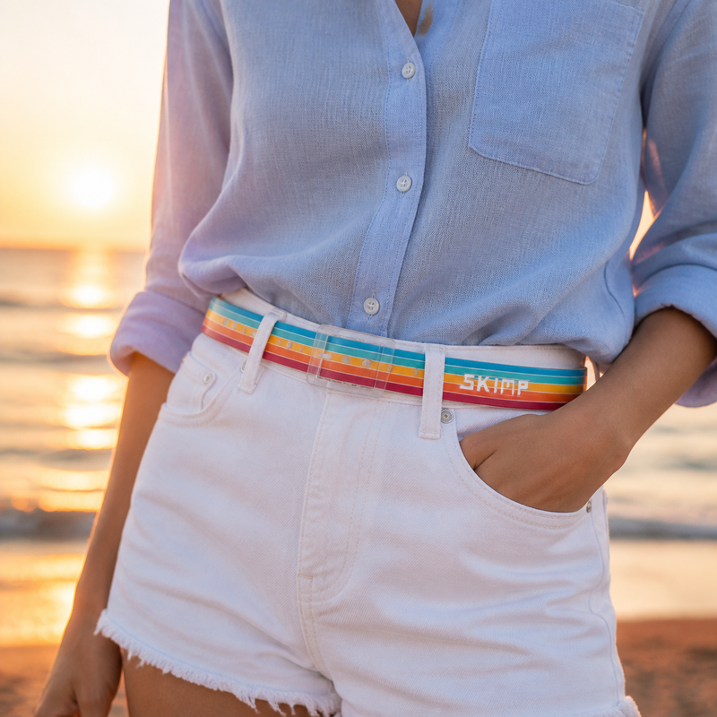 SKIMP Sunset Stripes Belt worn with white denim shorts on the beach at sunset – waterproof metal-free holiday belt