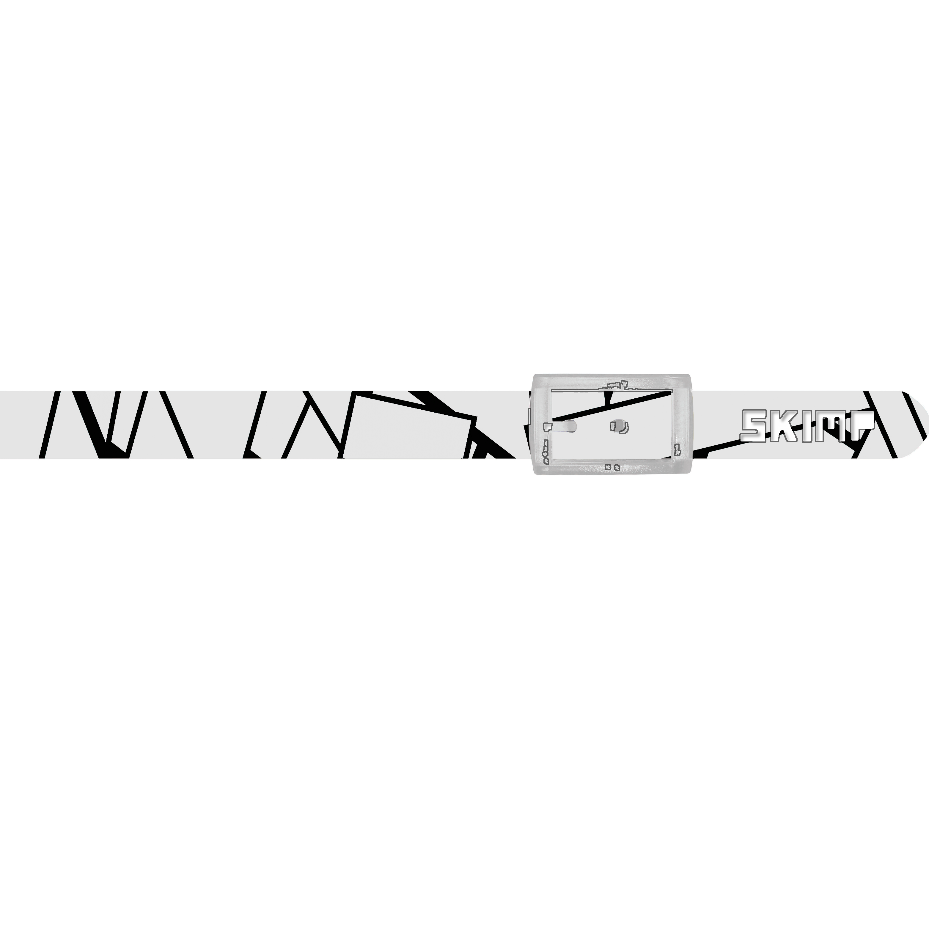 SKIMP White Geo Belt – white metal-free waterproof belt with black geometric lines, cut-out SKIMP logo and clear buckle